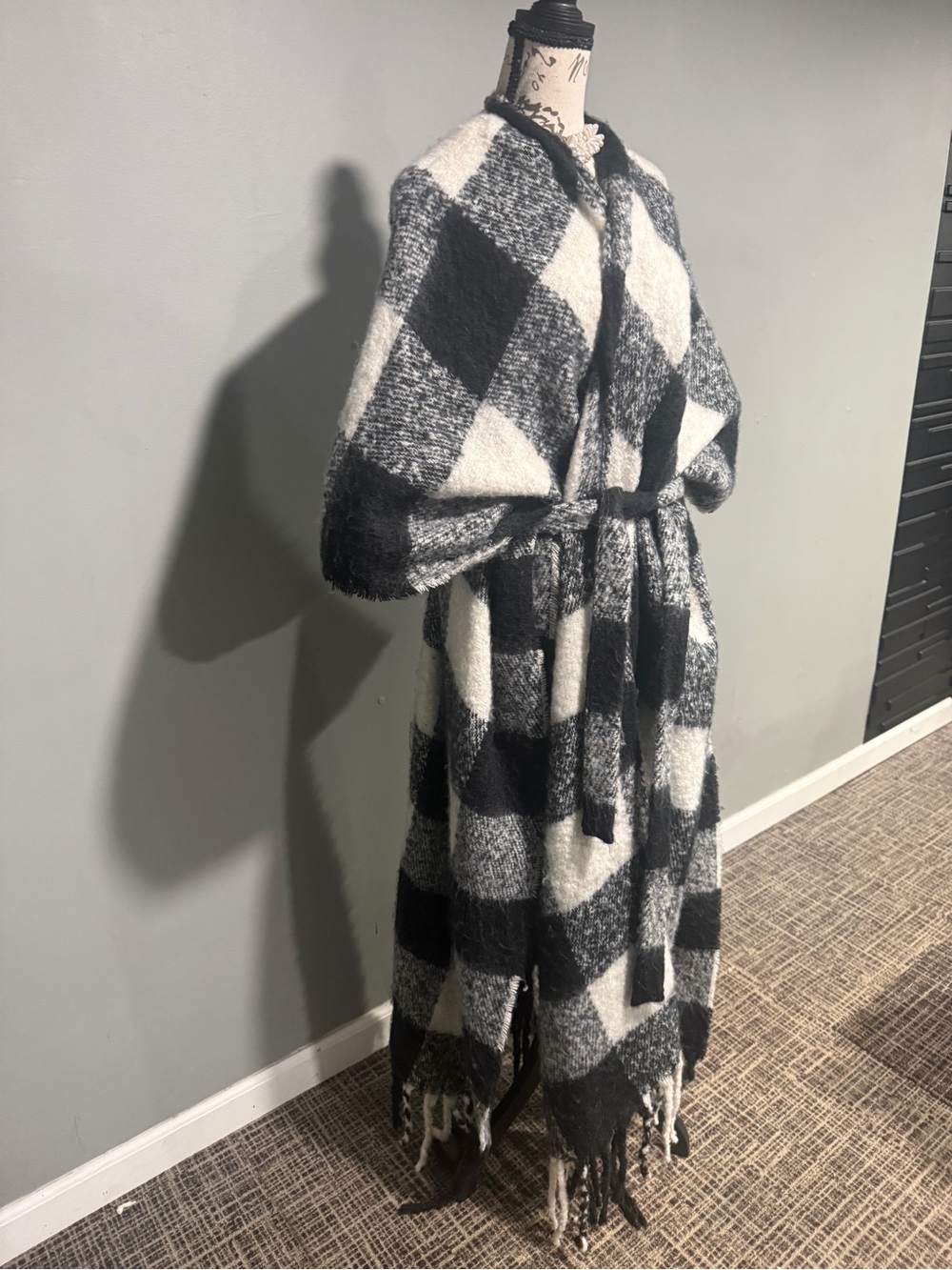 AKIRA Black and White Buffalo Check Fringe Wrap Cape